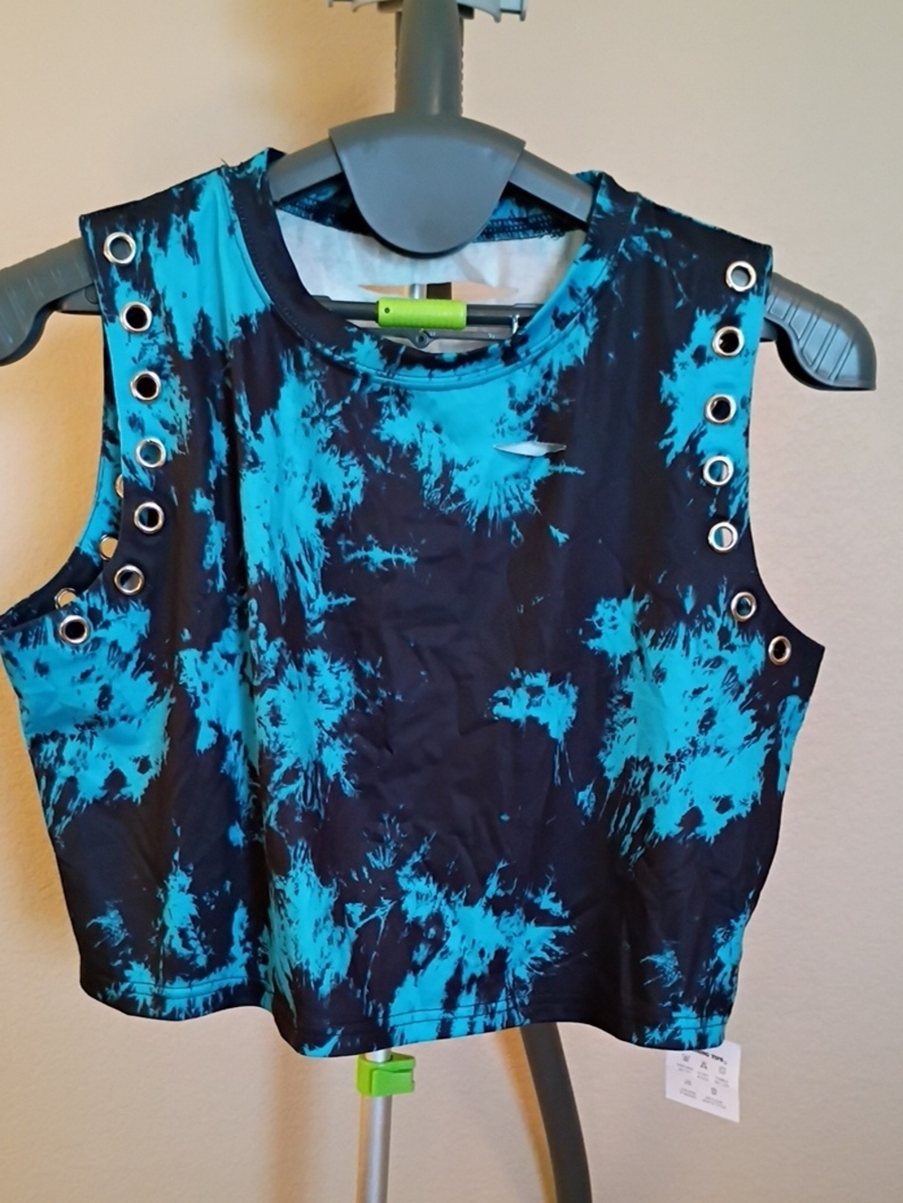 Sleeveless Black & Teal Tie-Dye Crop Top with Eyelet Trim